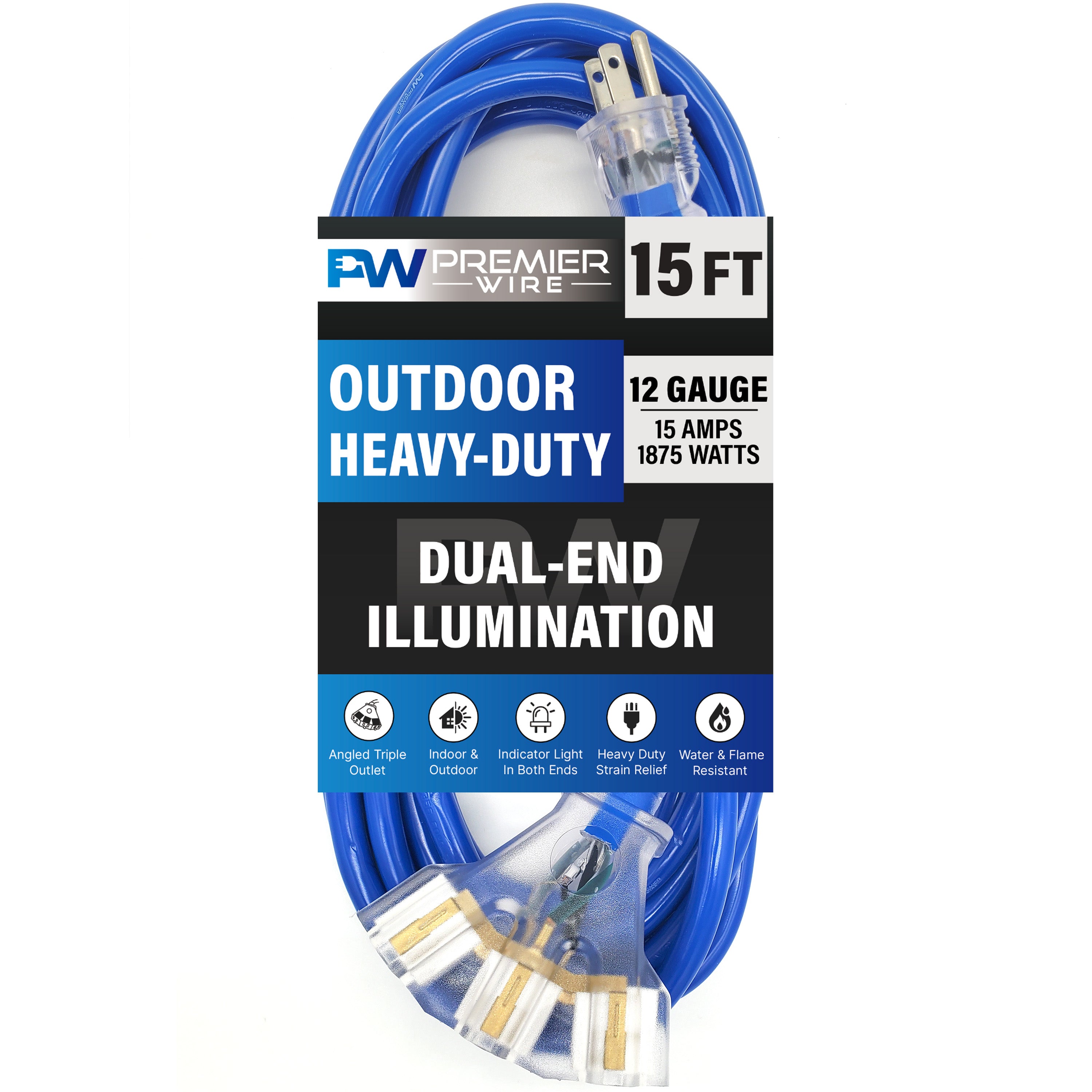 15ft 12Awg 3-Outlet SJTW UL Extension Cord (Blue) - Premier Wire